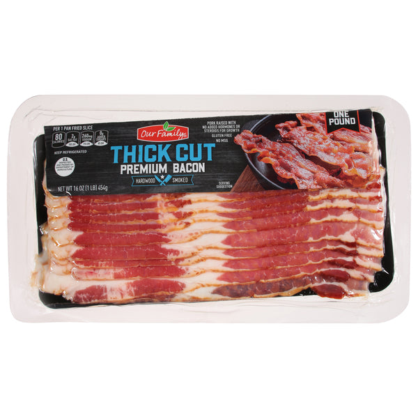 Our Family Thick Cut Premium Bacon Hardwood Smoked, 16 oz