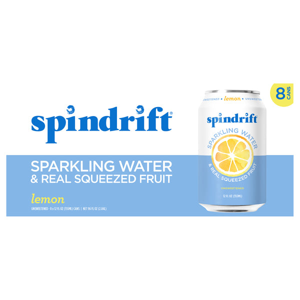 Spindrift Sparkling Water, Lemon, Unsweetened, 12oz, 8ct