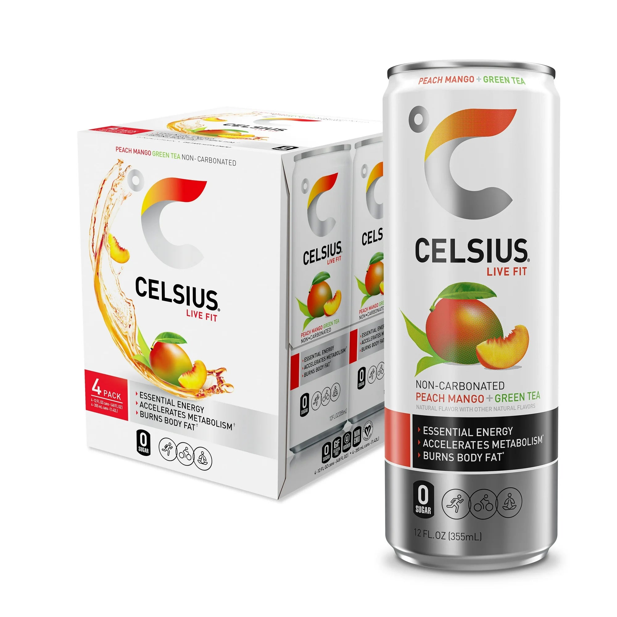 Celsius Essential Energy Sparkling, Peach Mango, 12 oz, 4ct