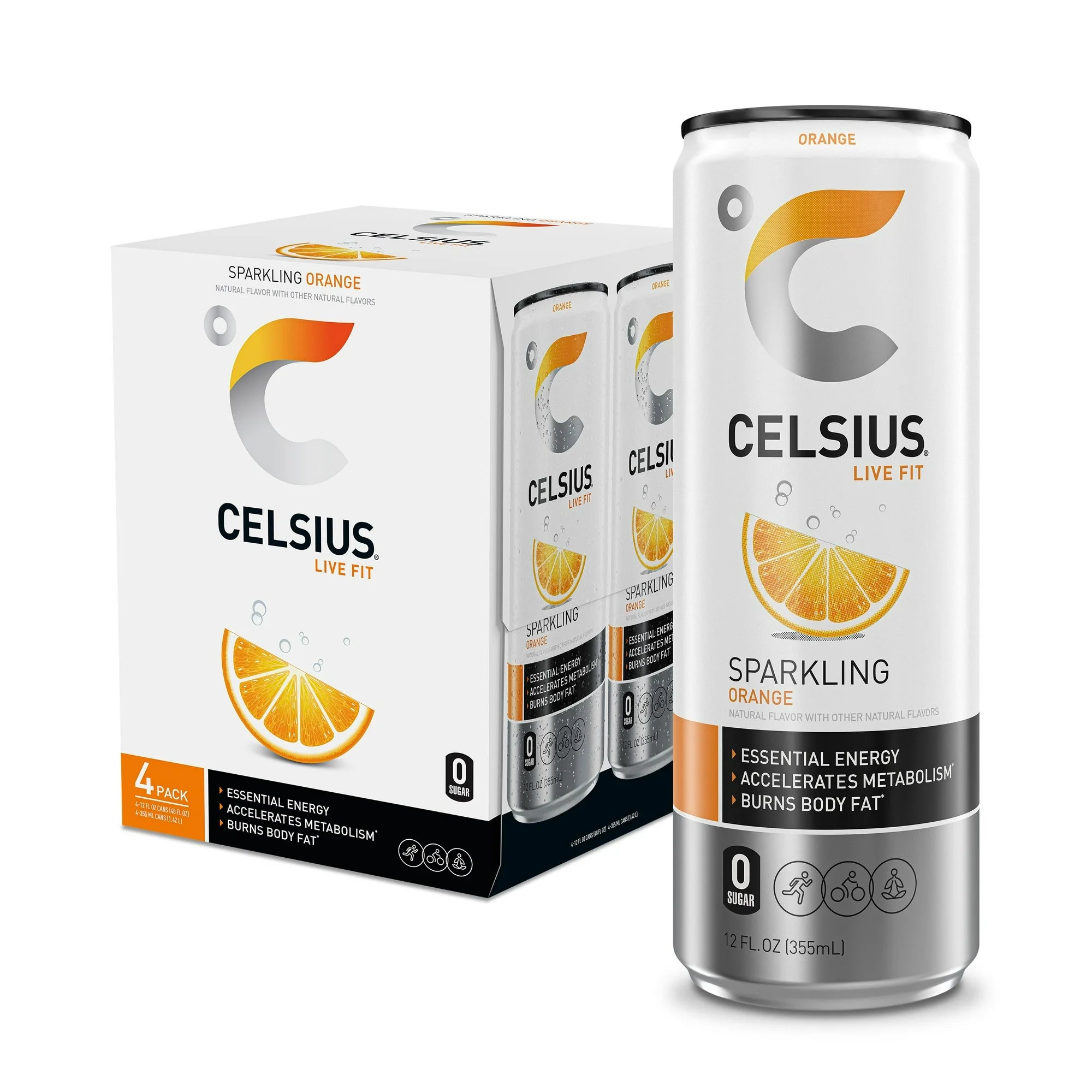 Celsius Essential Energy Sparkling, Orange, 12 oz, 4ct