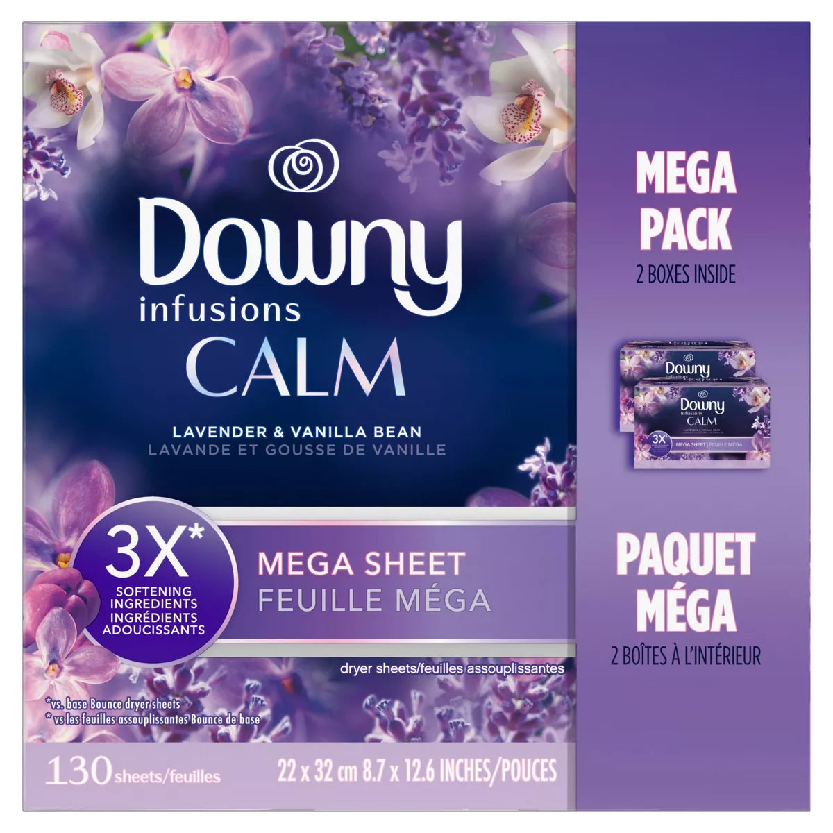 Downy Infusions Calm Mega Dryer Sheets, Lavender Vanilla Bean, 130 ct