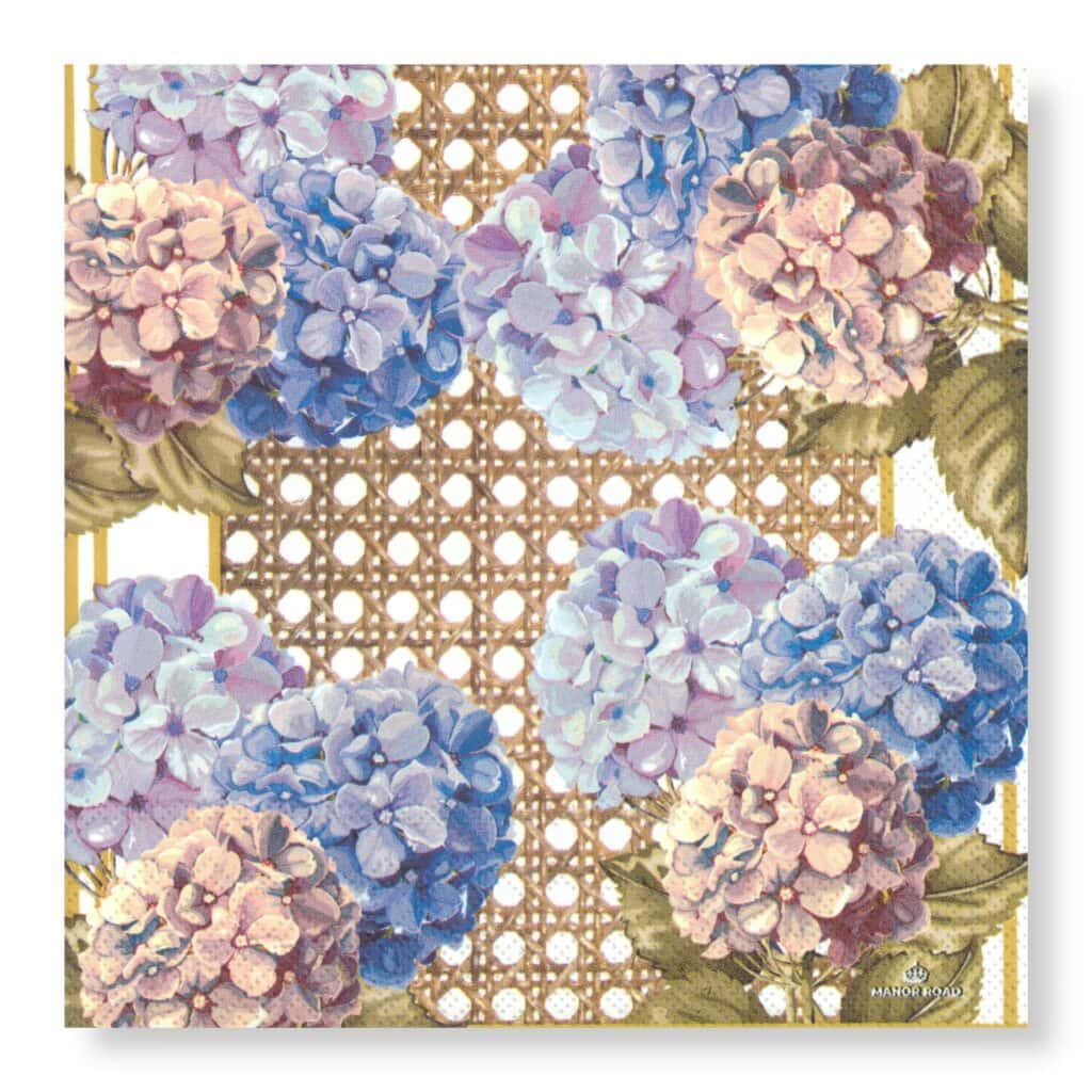 Manor Road Hydrangea & Rattan Cocktail Napkin, 20pk