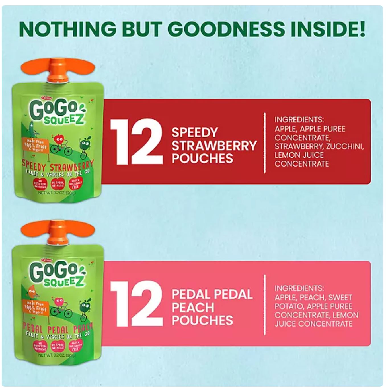 GoGo Squeez Fruit & Veggie Pouches, Strawberry & Peach, 3.2oz , 24ct