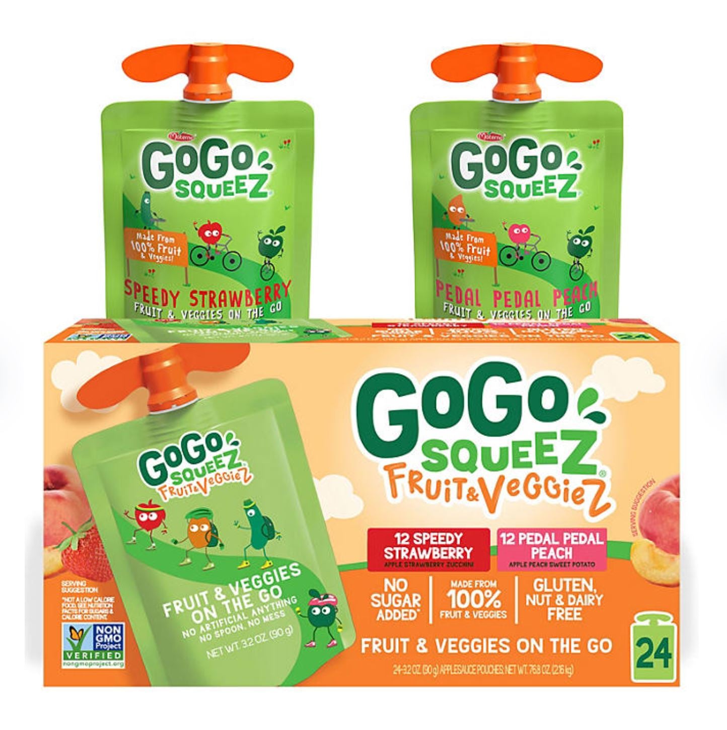 GoGo Squeez Fruit & Veggie Pouches, Strawberry & Peach, 3.2oz , 24ct