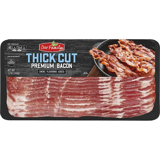 Our Family Thick Cut Premium Bacon Hardwood Smoked, 12 oz