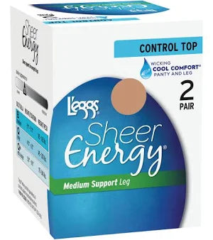 L'eggs Sheer Energy, Control Top, Sheer Toe, Suntan, Size Q, 2 pack