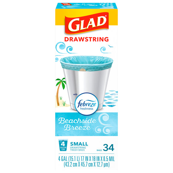 Glad Drawstring Garbage Bags, Beachside Breeze, 4 Gal, 34 ct