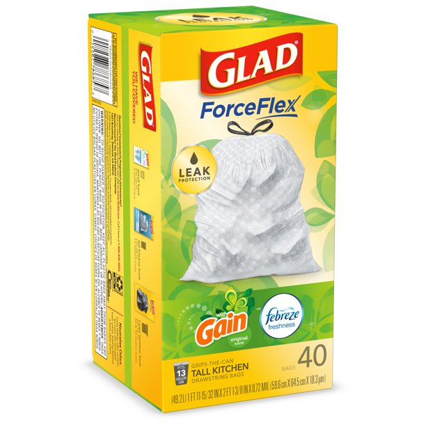 Glad Odor Shield Gain Fresh Tall Kitchen Drawstring Bag, 40 ct