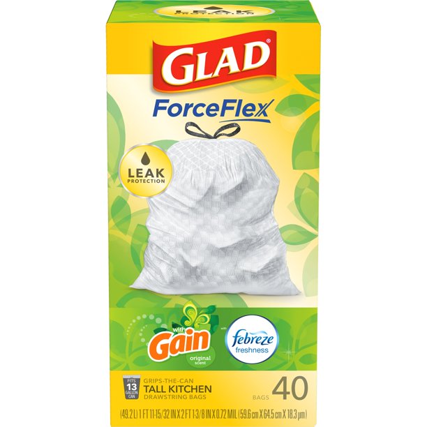 Glad Odor Shield Gain Fresh Tall Kitchen Drawstring Bag, 40 ct