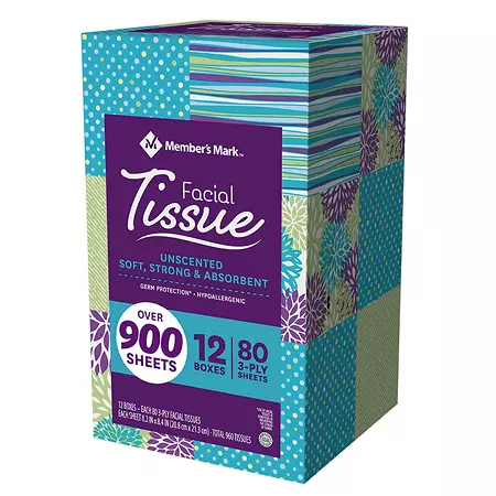 Member's Mark Ultra Soft Facial Tissue, 3-Ply, 12 pk, 80 ct per box