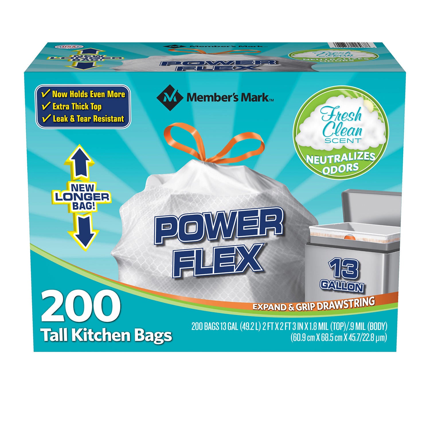 Member's Mark Power Flex Tall Kitchen Simple Fit Drawstring Bags, 13 gal, 200 ct