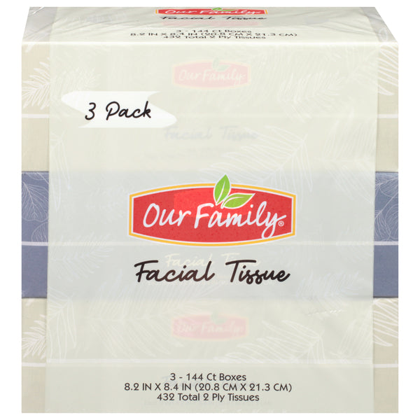 Our Family Facial Tissue, 3 Flat 144 ct. boxes