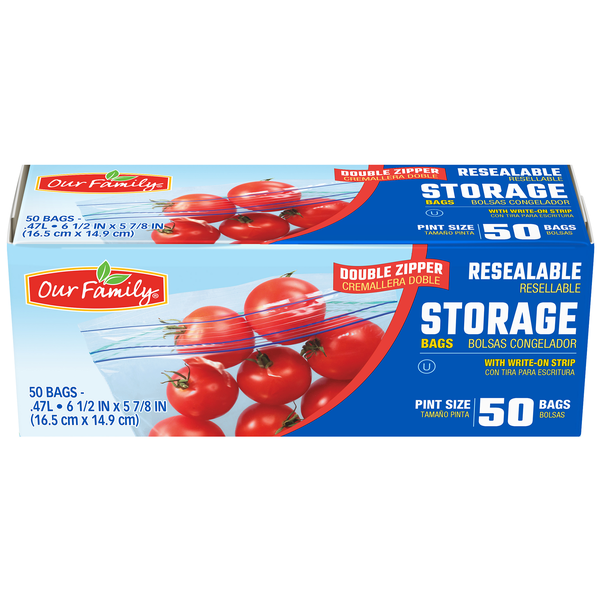Our Family Resealable Storage Bags, Pint Size, 50ct