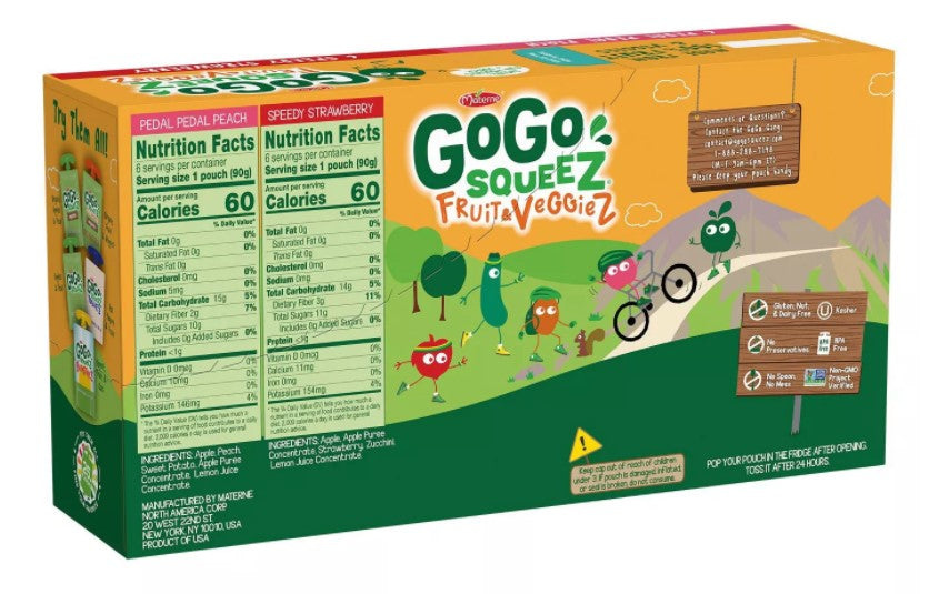 GoGo Squeez Fruit & Veggies Pouches, Strawberry & Peach, 3.2 oz, 12 ct